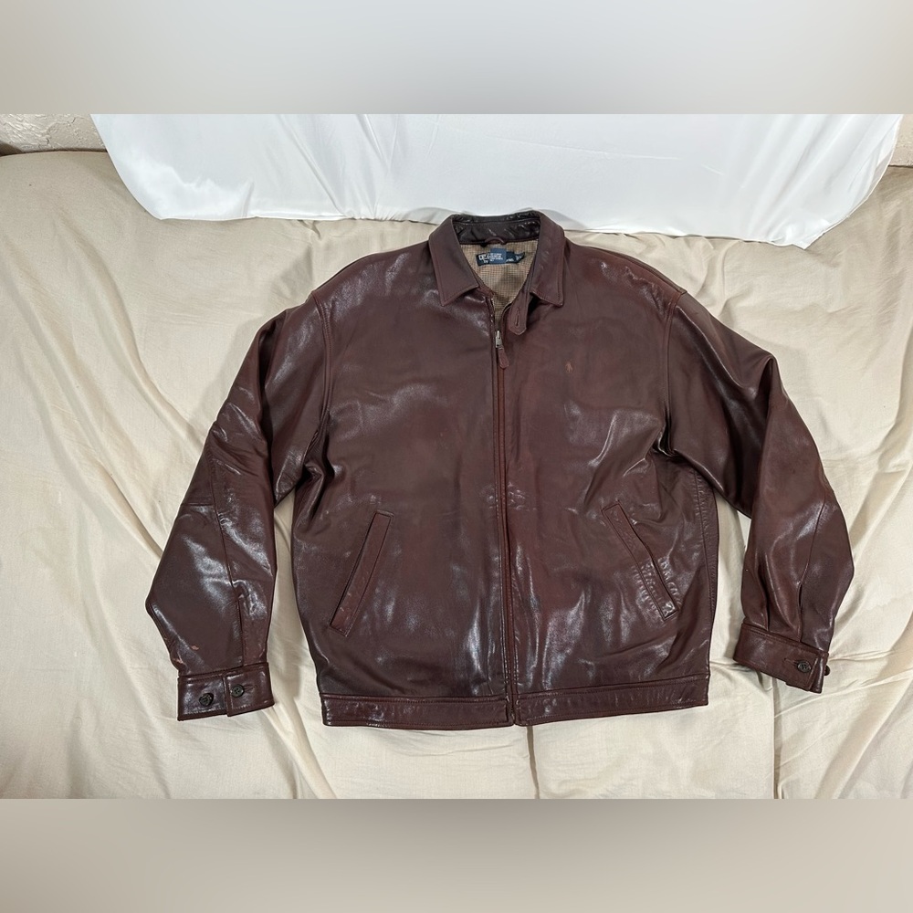 Polo Ralph Lauren Genuine Leather Chocolate Brown Bomber Jacket Mens Large
